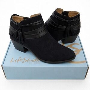 LifeStride Paloma Black Faux Suede Ankle Booties Tassel Block Heel Womens 7M